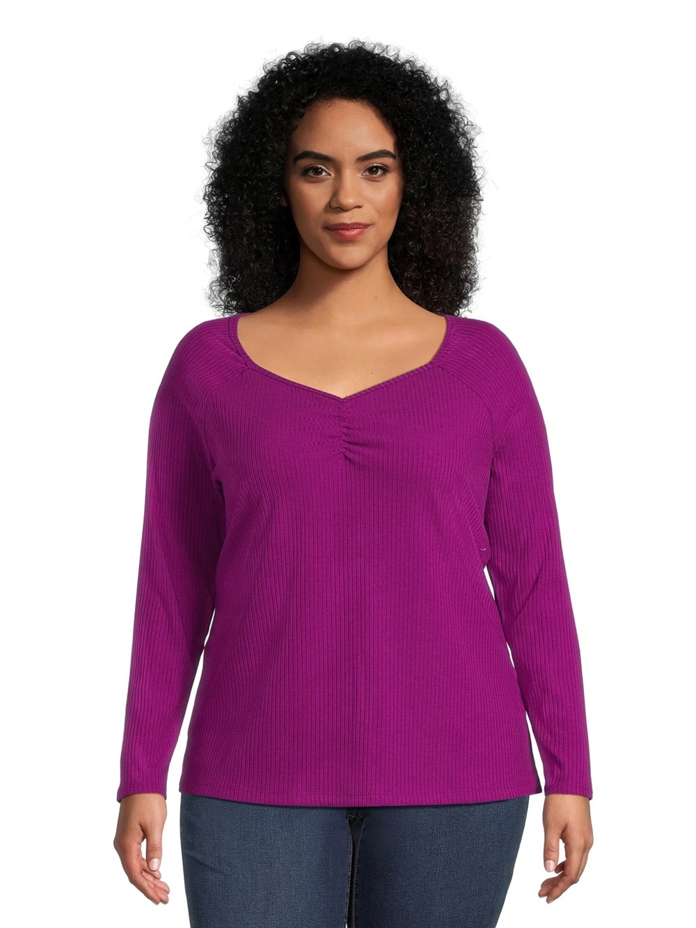 Terra & Sky Women’s Plus Gathered Ribbed Knit Jersey Top 1X Magenta